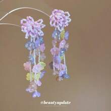 1 对 2 件彩色串珠流苏花耳环，适合女性在海滩度假、约会、派对、聚会时佩戴，个性化简约夸张耳环