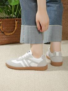 Zapatos casuales multifuncionales de moda para mujer, zapatillas casuales con cordones, puntera redonda, suela de goma, en color bloque negro y caqui, para combinar diariamente, zapatos casuales talla 36-41, de moda, blanco y gris - Blanco - Ver 6