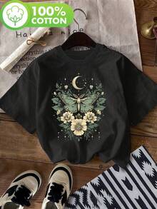 Women's Casual Short Sleeve Round Neck T-Shirt - Butterfly And Moth Floral Print With Crescent Moon And Star Pattern, Loose Fit, Machine Washable, Spring Summer Top, Breathable Fabric, Natural Style Design, Comfortable Texture - màu đen - Xem 1