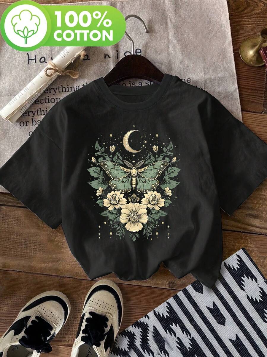 Women's Casual Short Sleeve Round Neck T-Shirt - Butterfly And Moth Floral Print With Crescent Moon And Star Pattern, Loose Fit, Machine Washable, Spring Summer Top, Breathable Fabric, Natural Style Design, Comfortable Texture - màu đen - Xem 1