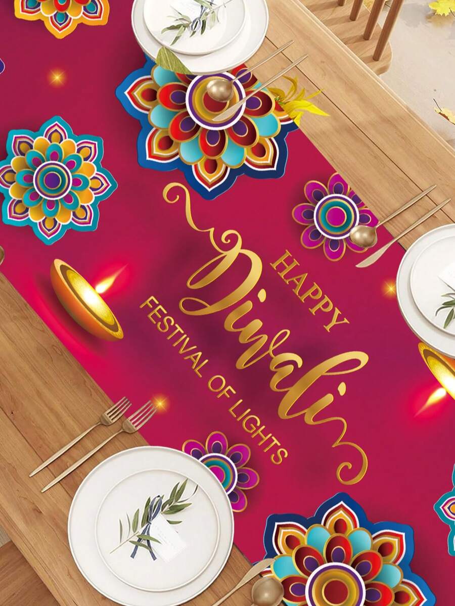 1pc Happy Diwali Table Decor, Purple Diwali Table Cloth, 180x35cm Polyester Table Decoration, Festival Party Decorations, Home Decor - Multicolor - View 1
