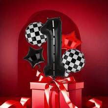 109 piezas/set Guirnalda de coches de carreras Balloon, látex rojo, negro, blanco, lámina a cuadros de 18" en blanco y negro adecuado para ducha, coche, fiestas de camiones, decoraciones de cumpleaños con temática de coche de carrera, decoración de fiesta de aniversario para hombres - rojo y negro - Ver 9