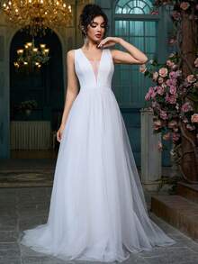 Women Fashion V-Neck Simple Elegant Romantic Formal Wedding Dress Event Homecoming Party Gowns Bachelorette Bridal Shower Engagement Reception Dresses - White - View 2