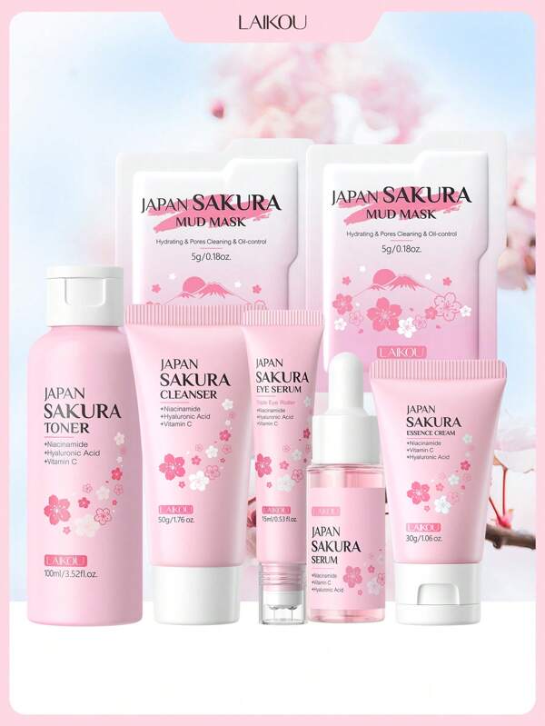 LAIKOU 1 Set Moisturizing LAIKOU Japan Sakura Skincare Gift Set,(Japan Sakura Mud Mask 5g*2 & Japan Sakura Cleanser 50g & Japan Sakura Toner 100ml & Japan Sakura Serum 30ml & Japan Sakura Eye Serum 15ml & Japan Sakura Essence Cream 30g)Moisturizing Relief Skin Care Gift Boxes Deep Nourishing Skin Care Gift Bag For Travel, Camping, Hiking, Climbing, Outdoor