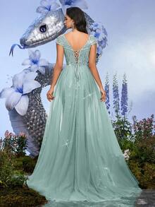 Rochii de seară formale elegante cu perle și paiete pentru femei, de primăvară, tip sirenă, pentru bal, nuntă, cocktail, petrecere, Maxi, rochie de gală, absolvire, banchet, eveniment, rochie - Albastru Menta - Vizualizare 3