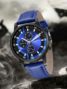 2Pcs Men's Blue PU Leather Strap Casual Three Eye Dial Quartz Watch Bracelet Set Suitable For Daily Wear Or Holiday Gift Giving