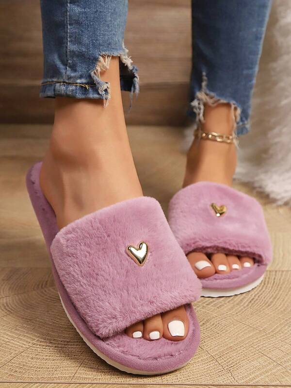 Fashionable Heart Decor Plush Slippers For Women, Soft Comfortable Lightweight Sole, Suitable For Living Room And Bedroom, All Seasons