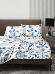 4pcs Blue Floral Garden Leaf Pattern Bedding Set, Includes 1 Bed Skirt, 1 Flat Sheet And 2 Pillowcases (No Pillows), Luxury Bed Skirt Set Fits Twin, Twin XL, Full, Queen, King, California King, Deep Pocket Design, Soft & Breathable, Wrinkle-Resistant, Upgrade Sleep Quality, Ideal Gift For Parents, Friends, Back To School Or Dorm - Blue - View 2