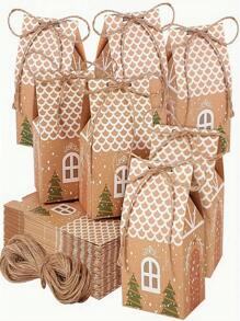 1-12PCS New Candy Box Christmas Kraft Paper Box (With Rope) Kraft Paper Packaging Box, Brown Gift Box, Multi-Purpose, Easy To Carry, Foldable And Propped For Use, Cartoon Family Party Gift Bag, Christmas Cookie Decoration, House-Shaped Candy Box, Suitable For Weddings, Christmas, Halloween, Parties, Bride's Gift Party, - Multicolor - View 11