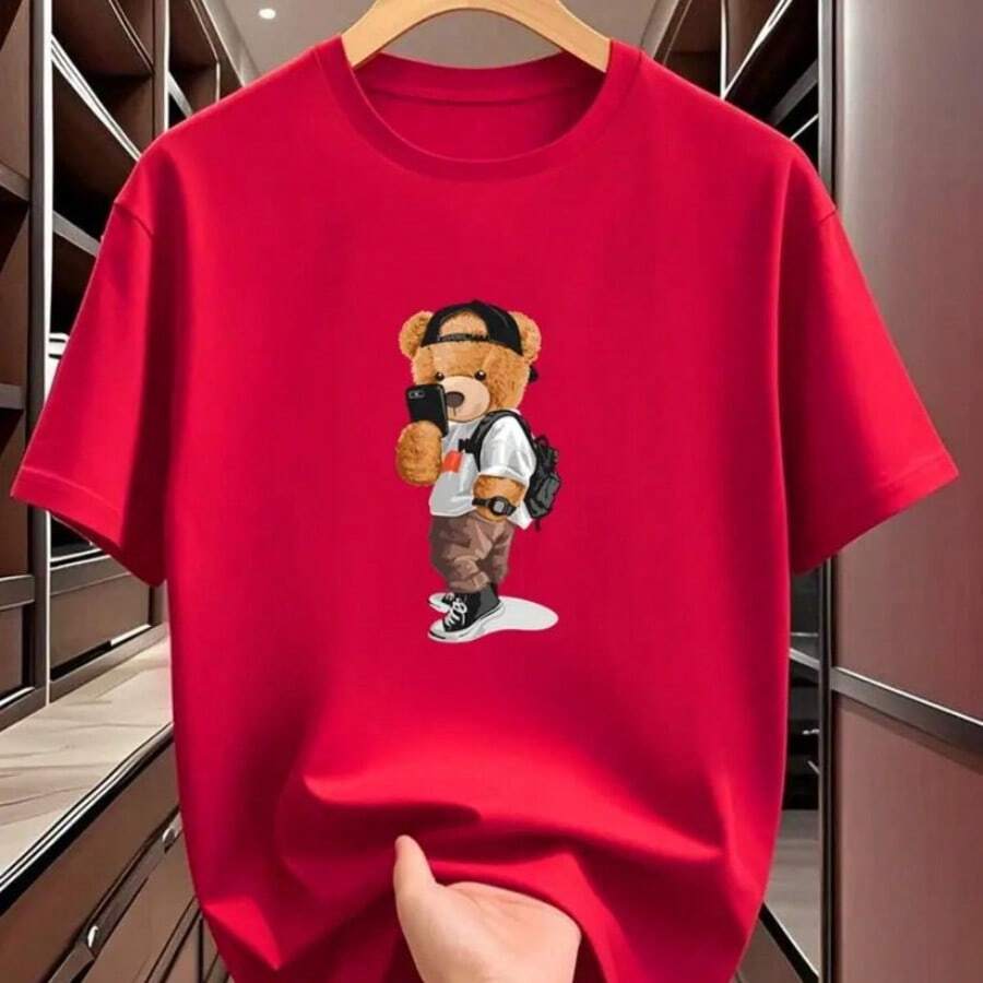 Men's Summer T-Shirt With Teddy Bear Print Self-Stylish 100% Cotton 30.1 Premium Casual Short Sleeve