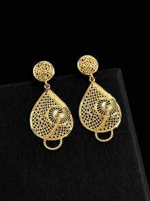 SEQUITO 3 Stücke Set aus temperamentvoller gelb-goldener, vergoldeter Hochzeits-Party-Kleid-Accessoires, Cut Out, großer Wassertropfen-Anhänger, Halskette, lange Hänge-Ohrhänge, Brautschmuck