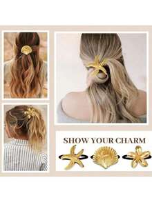 3pcs/2pcs Gold Metal Hair Ties, Elegant Geometric Design, Stretchy & Hair-Friendly, Ocean Pattern Accessories, Hair Ties, Hair Bands, Hair Scrunchies - Multicolor - View 3