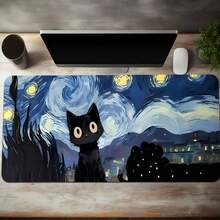 1个梵高星空猫咪图案鼠标垫，加宽键盘桌垫，高清印刷，简约风格，黑色表面，办公及游戏配件，桌面配件，办公用品，办公桌配件，鼠标垫，桌面鼠标垫 - 星空貓 - 查看 3