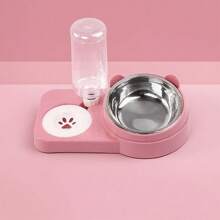 1pc Detachable & Washable Tilted Anti-Spill Anti-Wet Pet Bowl With Bear Ear Design, Large Capacity Dual Bowl With Automatic Water Dispenser, Stainless Steel