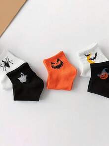 5 Packs Women's Halloween Ankle Socks - Spider, Bat, Pumpkin & Witch Hat Designs - Soft Ribbed Cuffs, Machine Washable - Assorted Orange & Black Colors For Halloween Parties & Casual Attire, Festive Footwear, Spooky Sock Designs, Comfortable Sock Material