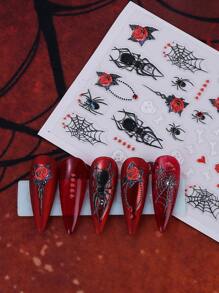 2片哥特风美甲贴纸，黑色蜘蛛玫瑰图案，镶嵌白色和红色水晶，5D立体浮雕美甲贴花，自粘式万圣节骷髅滑扣美甲装饰，适合节日DIY设计 - 彩色 - 查看 6