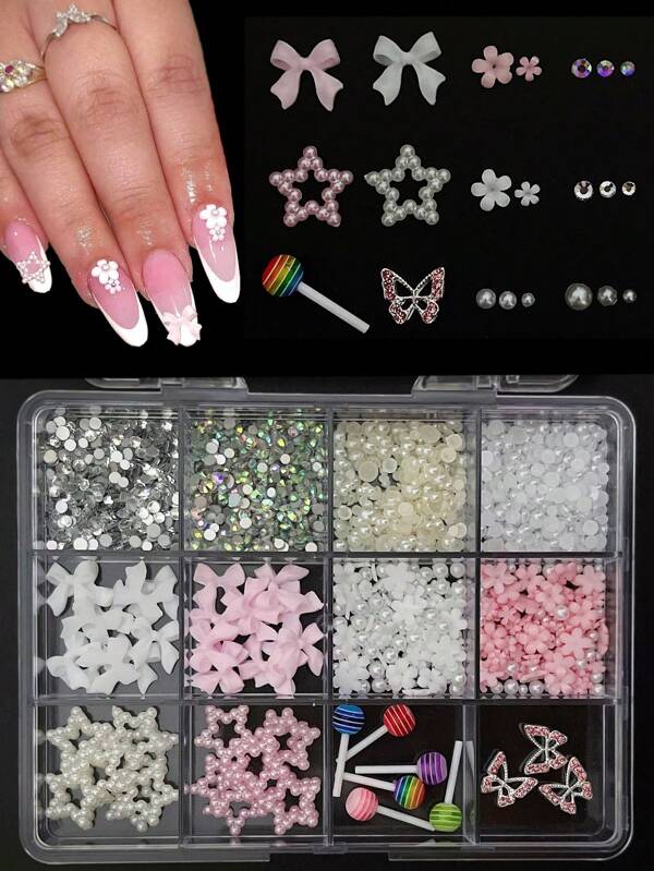 1 Box Of Random Mixed Pink Resin Bow Flowers Pearls Rhinestones Nail Charms Pink&White Bow Pearl Star Lollipop Butterfly Nail Art Decorations Accessories Nail Art Charms