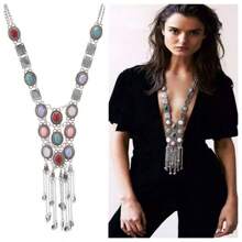 1pc Fashion Retro Long Tassel Pendant Necklace, Exaggerated Bohemian Style Green Turquoise Jewelry For Women, Designed For Stylish & Elegant Ladies, Suitable As Gift For Party, Daily Wear, Wedding