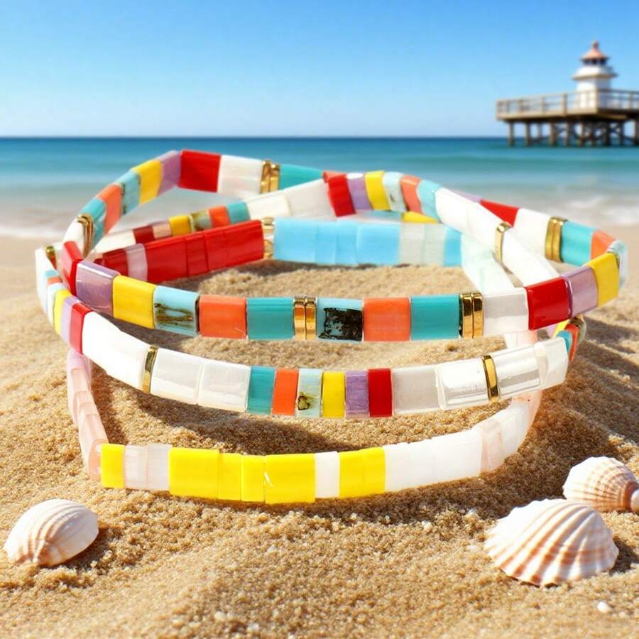 1PC/Bohemian Fashion Personalized TILA Women's Bracelet, Colorful TILA Beaded Bracelet, Layered Luxury High End Elastic Rope Bracelet, Women's, Couple/Friend Bracelet, Suitable For Daily Party, Festival Party, Summer Gift, Festival Gift, Beach/Women's Gift Preferred Gift