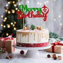 1 件生日快乐蛋糕装饰 - 圣诞快乐装饰、圣诞生日派对装饰、圣诞节生日快乐节日派对装饰绿红闪光 - 彩色 - 查看 7