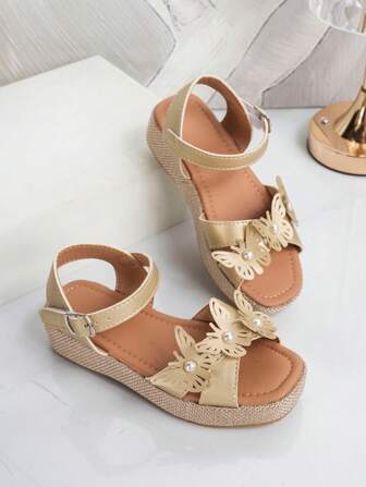 1 Pair Teenage Girls' Butterfly Flower Platform Casual Sandals, Suitable For Summer
