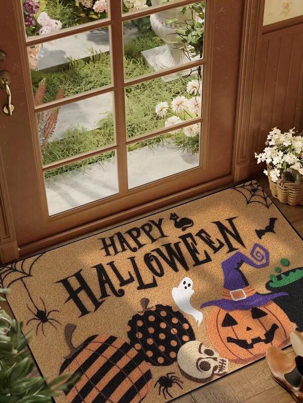 1pc Halloween Interesting Pumpkin Skull Poison Welcome Pattern Doormat, Minimalist Style Short Plush Quick-Drying Non-Slip Washable Entrance Mat, Home Decor, Soft Furnishing, Suitable For Kitchen, Bathroom, Dining Room, Entryway, Party, Gathering, New Year, All Seasons, Yard Decoration Halloween Decor Halloween Decorations Halloween Decoration Room Decor