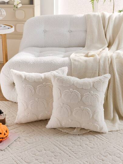 1pc Halloween Beige Pumpkin Decor Throw Pillow Case, Reverse Side With Plush Fabric, Square Cushion Cover, Holiday Home Pillow Sham Decor, Soft Velvet Fabric, Modern Decor For Sofa, Home & Bedroom,Fall Decor,Autumn Decor,Room Decor