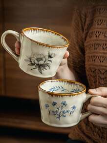 1pc Vintage Floral Mug - Elegant Beige, Brown And Blue Floral Design - Scratch-Resistant Durable Ceramic Coffee Cup - Dishwasher Friendly - Office, Home, Party Drinkware - Birthday, Christmas, Wedding Gift - Antique Style Tableware, Classic Beverage Container, Durable Office Supplies