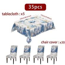 1/4/5/6/35 peças Presente de Natal Azul Gelo, Papai Noel, Árvore de Natal, Conjunto de Toalha de Mesa com Estampa Digital e Capa para Cadeira - Toalha de Mesa Decorativa Lavável à Prova de Poeira para Móveis Internos, Adequada para Decoração de Sala de Jantar Interna, Reuniões Familiares, Presentes, Decoração de Festas de Fim de Ano