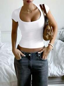 Women's Square Neck Cropped Short Sleeve T-Shirt, Cute Basic Tee For Summer - White - View 4