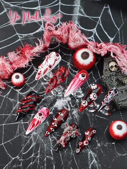 Get Romantic With 10pcs Stiletto Shape European Style All Saints' Day Bloody Eyes Creative Full Coverage Fake Nail Set Horrific 3d Three-Dimensional Decoration Eyeball Angel Black Red Happy Halloween Holiday Full Cover Press On Nails Handmade Set For Women And Girls Vanity With 1pc Mini Nail File & 1 Sheet Adhesive Tabs