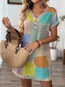 几何色块印花V领纽扣连身袖及膝紧身连衣裙 - 彩色 - 查看 9