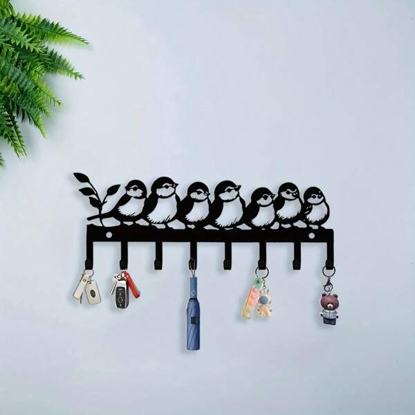 1 pieza Gancho de llave de metal con lindo patrón de siete pájaros - Estante de almacenamiento montado en la pared de estilo art decó para pasillo y vestíbulo, recubierto en polvo resistente a la oxidación, fácil de instalar para almacenar decorativamente ropa, sombreros, llaves y artículos pequeños, material resistente a la oxidación
