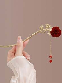 1个中国风发夹，女士高端发髻造型发饰，天鹅绒玫瑰装饰优雅发髻夹，适合日常佩戴、拍照、派对、情人节、返校穿搭，传统中国风发饰，端庄优雅，发髻延长器，发髻假发，发髻造型器，发夹，发卡，发饰，学习用品，发卡，头部饰品