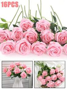 16PCS Artificial Roses Flowers Bouquet, Rayon Flowers Realistic Rose Bouquet With Long Stems, Bride Holding Bouquet, Wedding Decoration, DIY Wreath Materials, Birthday Party Decoration Materials, Home Dining, Living Room, Vase, Outdoor Garden