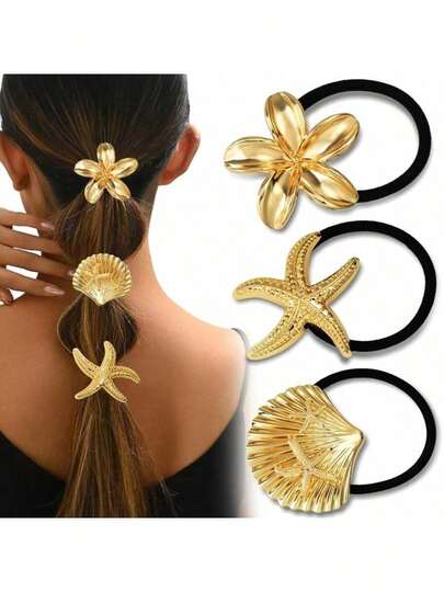 3pcs/2pcs Gold Metal Hair Ties, Elegant Geometric Design, Stretchy & Hair-Friendly, Ocean Pattern Accessories, Hair Ties, Hair Bands, Hair Scrunchies
