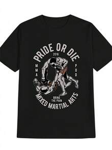 Men's Casual Versatile Round-Neck T-Shirt, Featuring A Printed Design Of Two MMA Fighters In A Match, A Men's Top, A Gift For Men - 黑色 - 查看 3