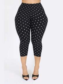 Women Dot Print Capri Pants, Elastic High Waist Cropped Leggings For Work, Yoga, Daily Wear - 黑色 - 查看 1