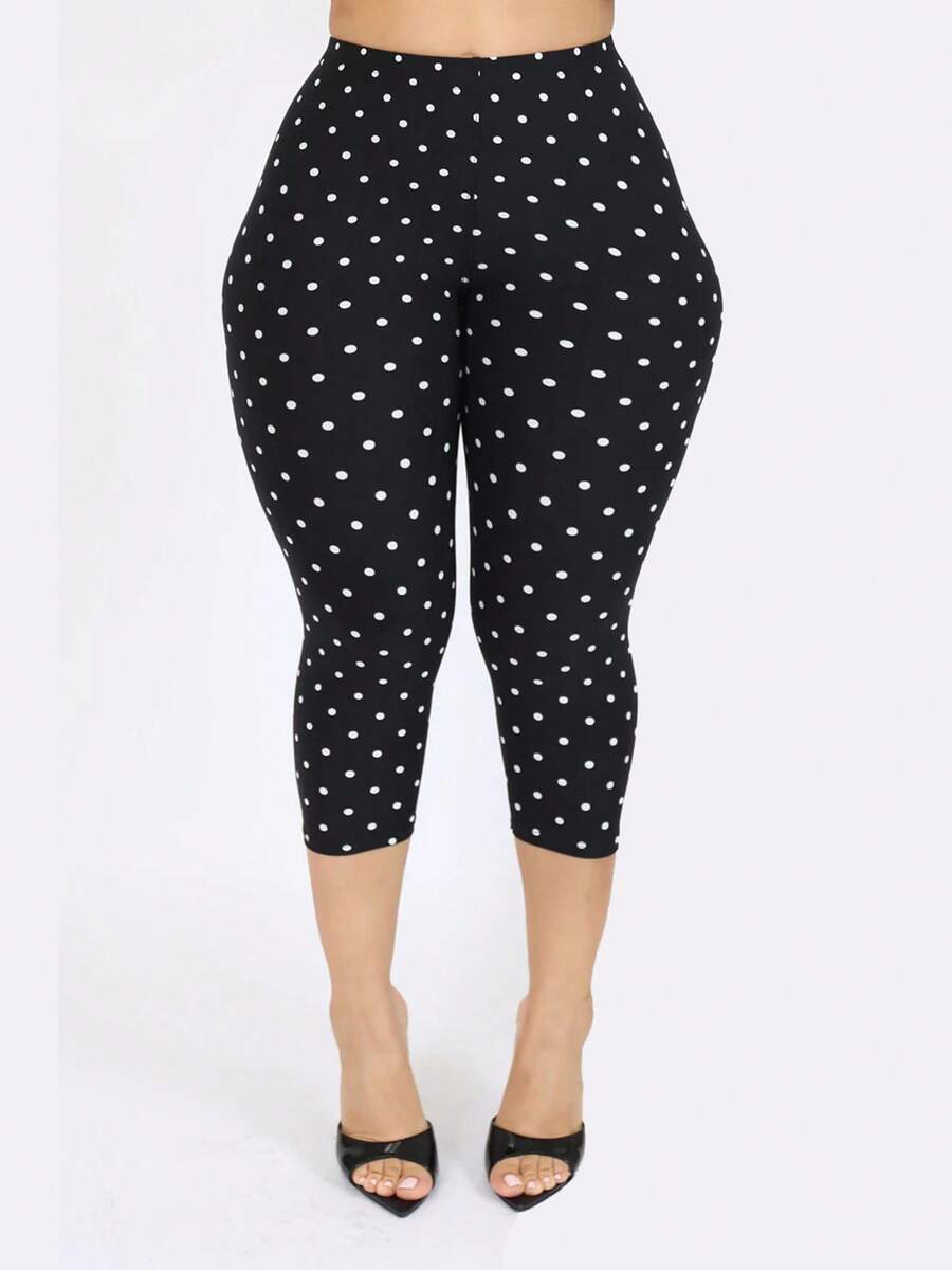 Women Dot Print Capri Pants, Elastic High Waist Cropped Leggings For Work, Yoga, Daily Wear - 黑色 - 查看 1