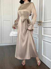 Luxury Solid Satin Arabic Style Long Sleeve High Waisted Elegant Dress,Modest