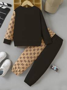 2 件套小男孩卡通太阳镜兔子印花圆领运动衫和裤子套装，适合休闲、运动、日常穿着、户外、派对、春秋季 - 黑色 - 查看 2