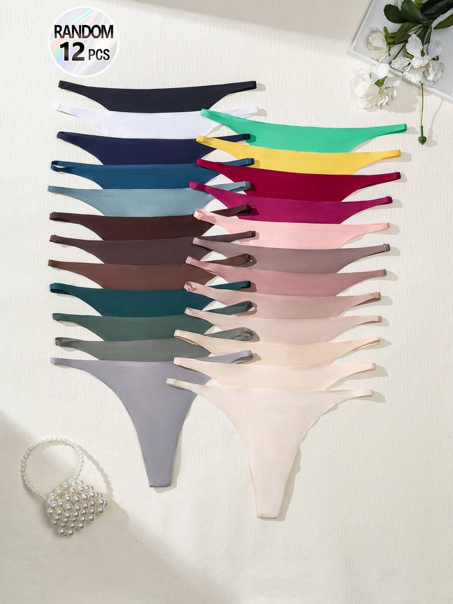 12pcs Assorted Sexy Seamless Bikini Thongs For Women, Soft Silk Underwear Set, Suitable For Beach, Valentine's Day, Christmas, Party - 彩色 - 查看 1