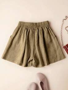 Pantalones cortos casuales de lino con cintura, bolsillos y cordón para mujer, primavera/verano - Camel - Ver 2
