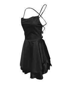 1 chiếc váy xếp ly buộc dây hở lưng gợi cảm, thích hợp mặc ở quán bar, tiệc tùng, ở nhà, sản phẩm phổ biến xuyên biên giới theo phong cách Châu Âu và Châu Mỹ thanh lịch - màu đen - Xem 10