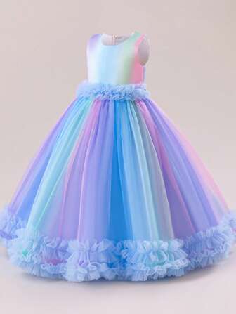 适合少女的长礼服，彩虹特别表演礼服，无袖蝴蝶结薄纱分层渐变色舞会礼服，女孩生日派对婚礼花童舞蹈演奏礼服