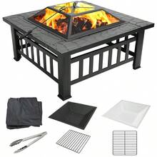 Fire Pits For Outside 32" Wood Burning Fire Pit Tables With Screen Lid Poker BBQ Net Ice Tray Food Clip And Cover Backyard Patio Garden Outdoor Fire Pit Ice Pit BBQ Fire Pit Black - 肉凍 - 查看 5