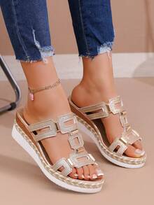 Nuevas sandalias planas de moda para mujer, sandalias bohemias de PU con diseño geométrico de unicolor, hollow-out, playa, festival, boda, escuela, vacaciones, fiesta, verano - Dorado - Ver 2