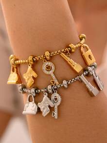 MiDuoDuo 1 Peça Pulseira Vintage Ajustável de Aço Titânio Banhada a Ouro 18K com Pingente de Strass, Joia Estilo Europeu e Americano Ins para Mulheres