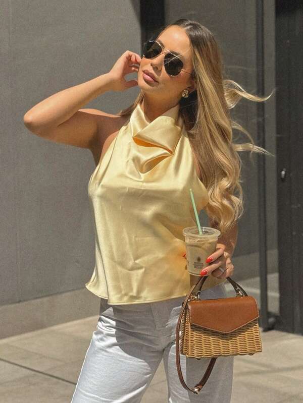 MUMURAP Sexy Backless Mouwloze Crop Top Dames Zomer Elegante Effen Kleur Halter Tops