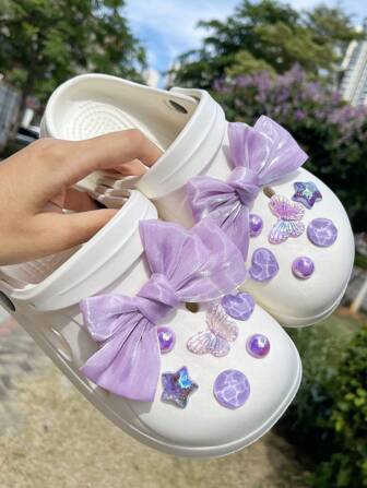 14 piezas Clips de moño morado, decoraciones desmontables adecuadas para sandalias, zapatillas, tenedores de jardín, accesorios de bombín DIY